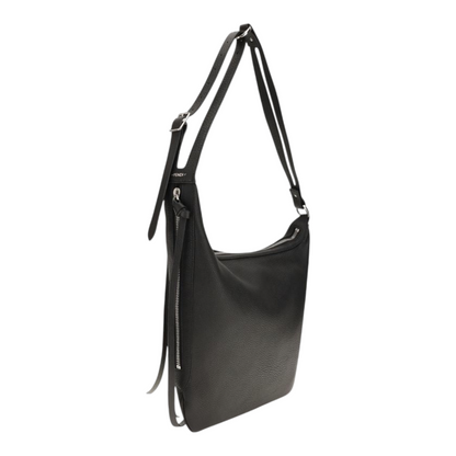 Bolso de hombro grande Oyster de XT & Co en piel negra granulada con cremalleras plateadas y correa ajustable