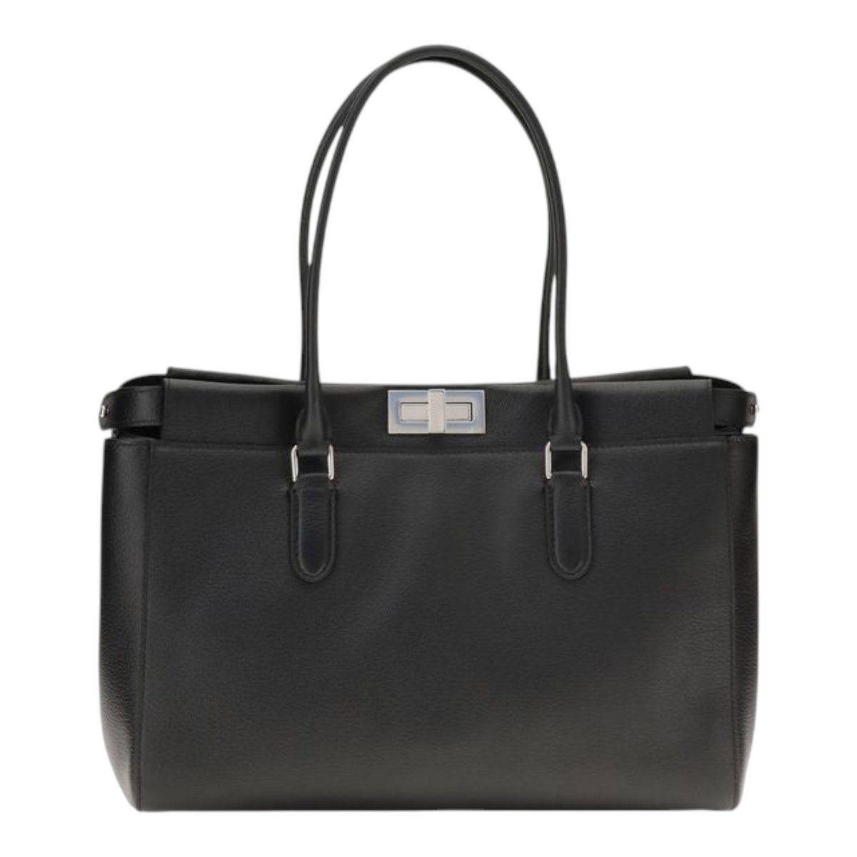 Bolso tote pequeño Peekaboo de XT & Co en piel de becerro granulada negra con cierre de giro y herrajes de paladio.