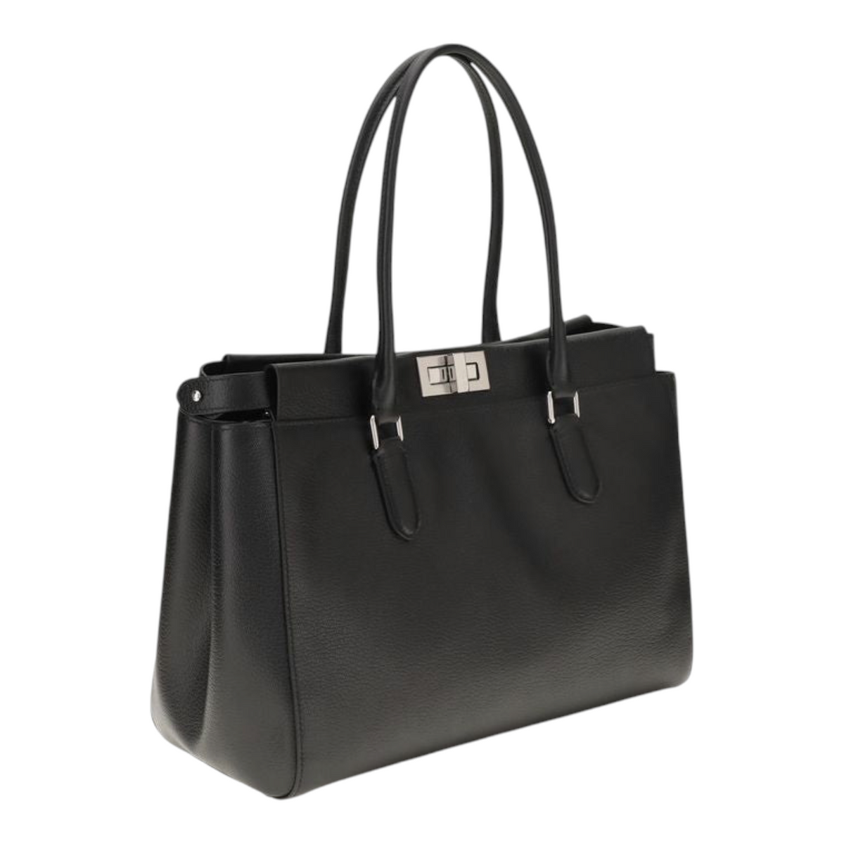 Bolso tote pequeño Peekaboo de XT & Co en piel de becerro negra granulada con cierre de giro y herrajes de paladio.