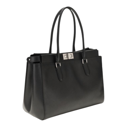 Bolso tote pequeño Peekaboo de XT & Co en piel de becerro negra granulada con cierre de giro y herrajes de paladio.