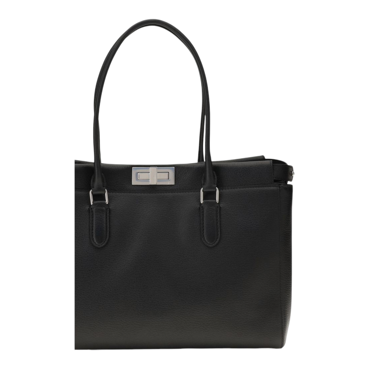 Bolso tote pequeño Peekaboo de XT & Co en piel de becerro negra granulada con cierre de giro y herrajes de paladio.