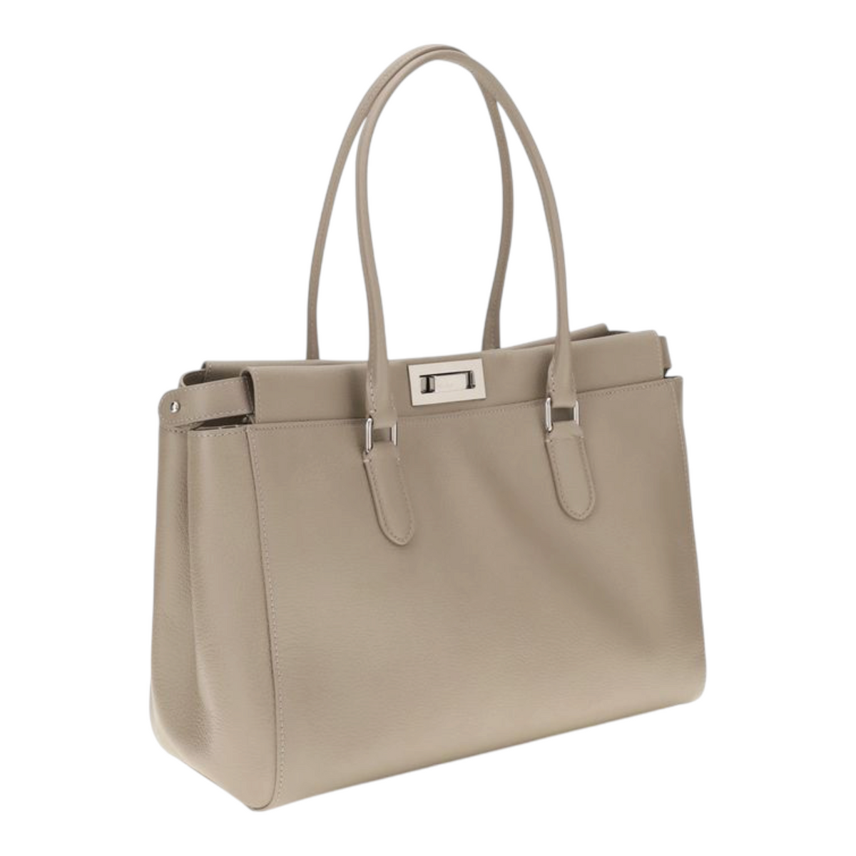Bolso tote pequeño Peekaboo de XT & Co en piel de becerro granulada beige con herrajes de paladio y cierre de giro.