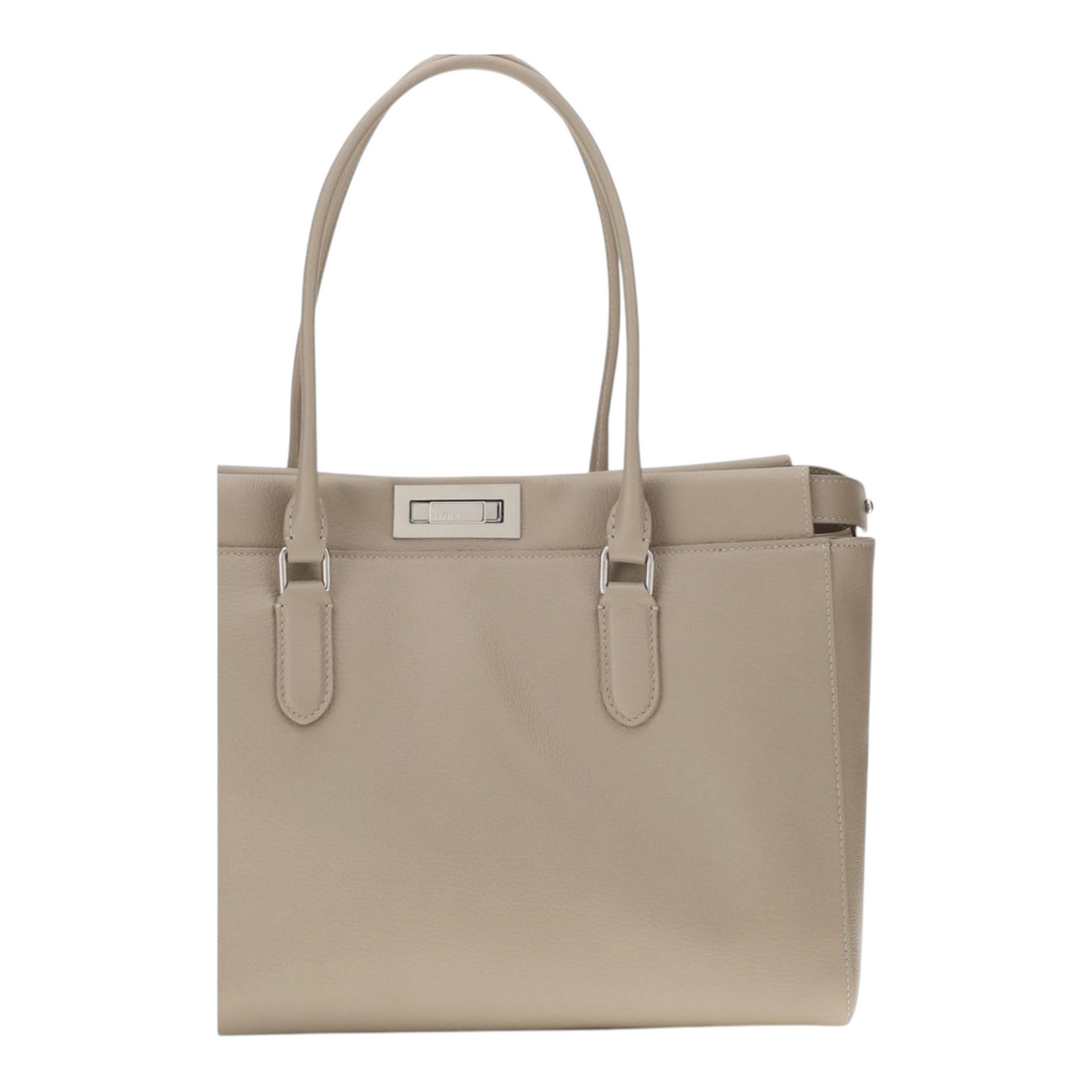 Bolso tote pequeño Peekaboo de XT & Co en piel de becerro granulada beige con cierre de giro y herrajes de paladio.