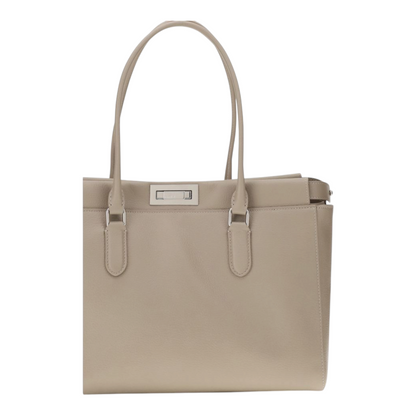 Bolso tote pequeño Peekaboo de XT & Co en piel de becerro granulada beige con cierre de giro y herrajes de paladio.