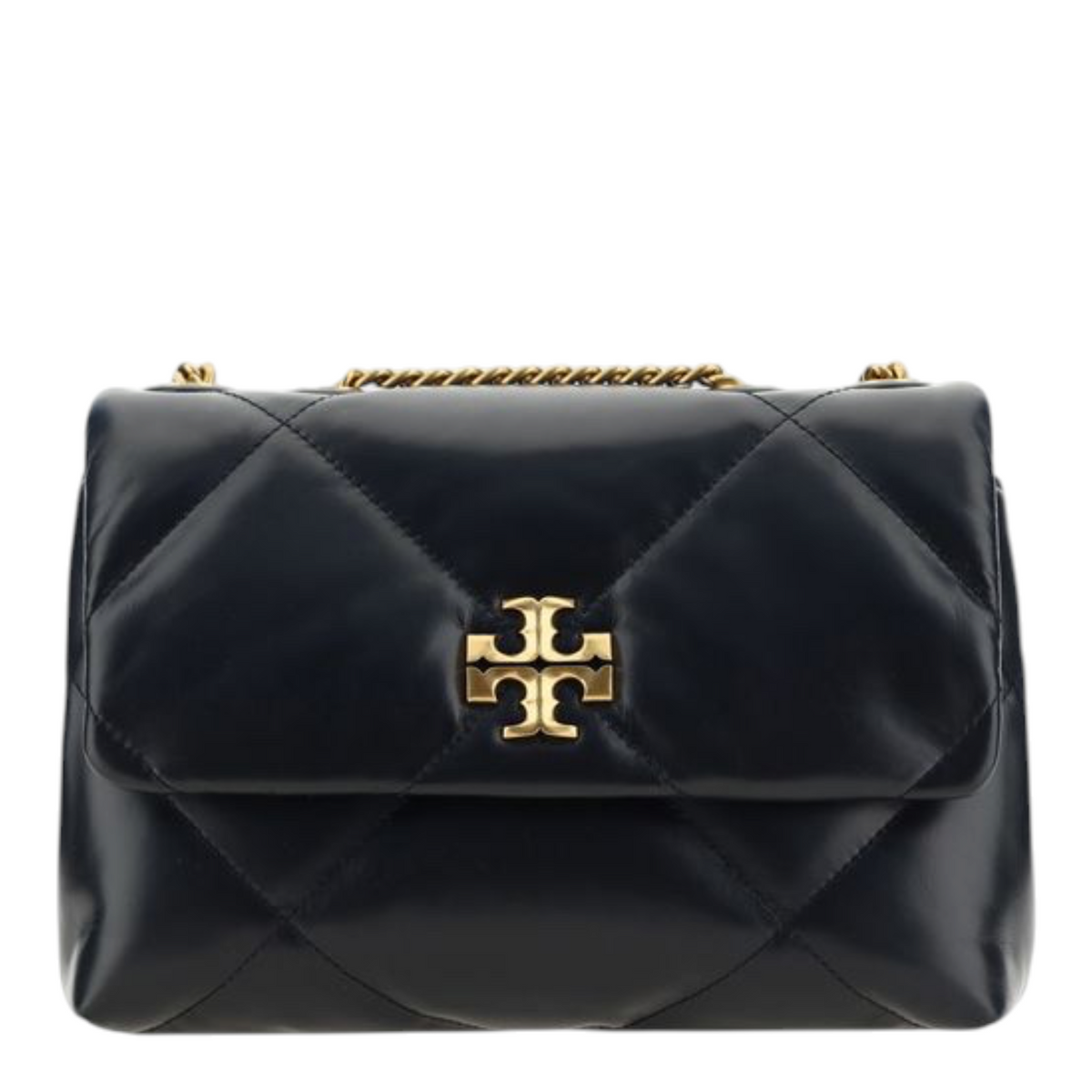 Bolso de hombro XT & Co Kira Diamond en piel de cordero negra acolchada con logo dorado y correa de cadena