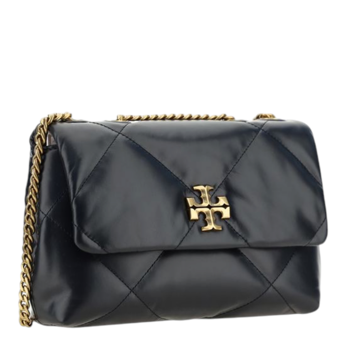 Bolso de hombro XT & Co Kira Diamond en piel de cordero negra acolchada con logo dorado y correa de cadena deslizante