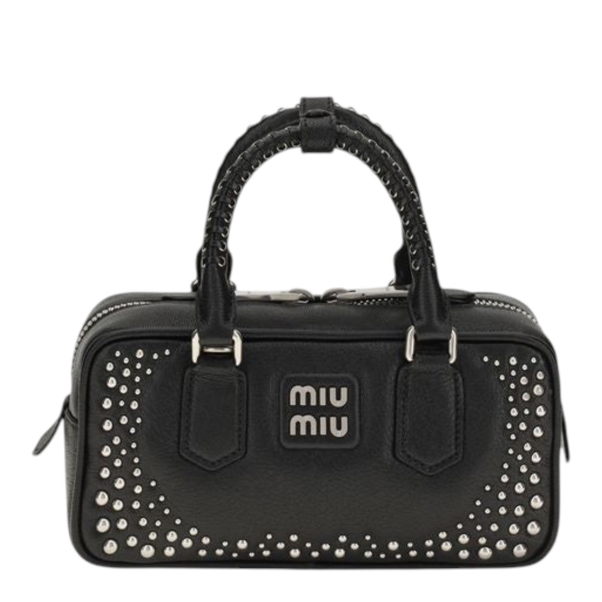 A black Miu Miu studded handbag with braided top handles and a silver-tone logo plaque, photographed on a clean white background.