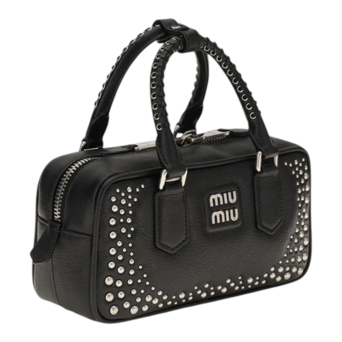 Bolso Arcadie de XT & Co en piel negra con tachuelas pulidas, asas superiores y cierre de cremallera.