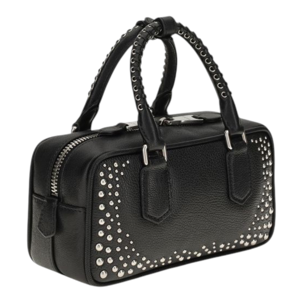 Bolso Arcadie de XT & Co en piel negra con tachuelas plateadas, asas superiores y cierre de cremallera.
