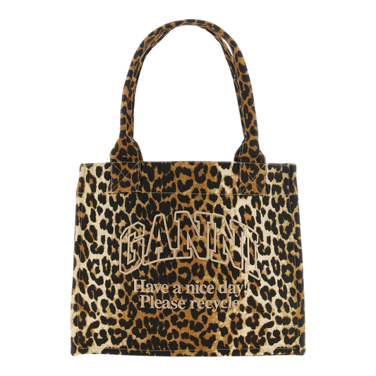 Bolso tote XT & Co Ganni de algodón reciclado con estampado de leopardo marrón y negro y logo bordado