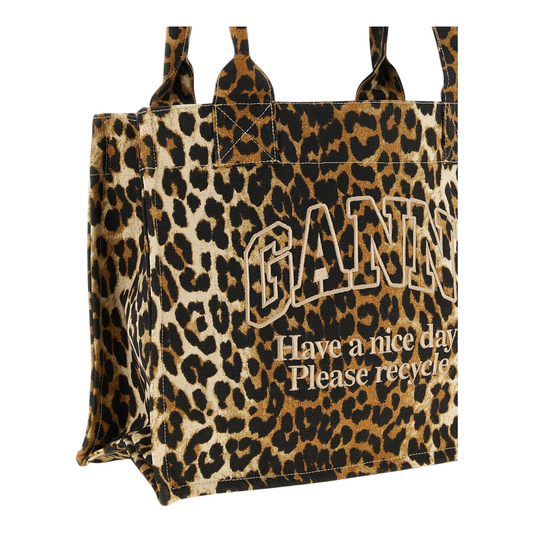 Bolso tote XT & Co Ganni de algodón reciclado con estampado de leopardo marrón y negro y logo bordado