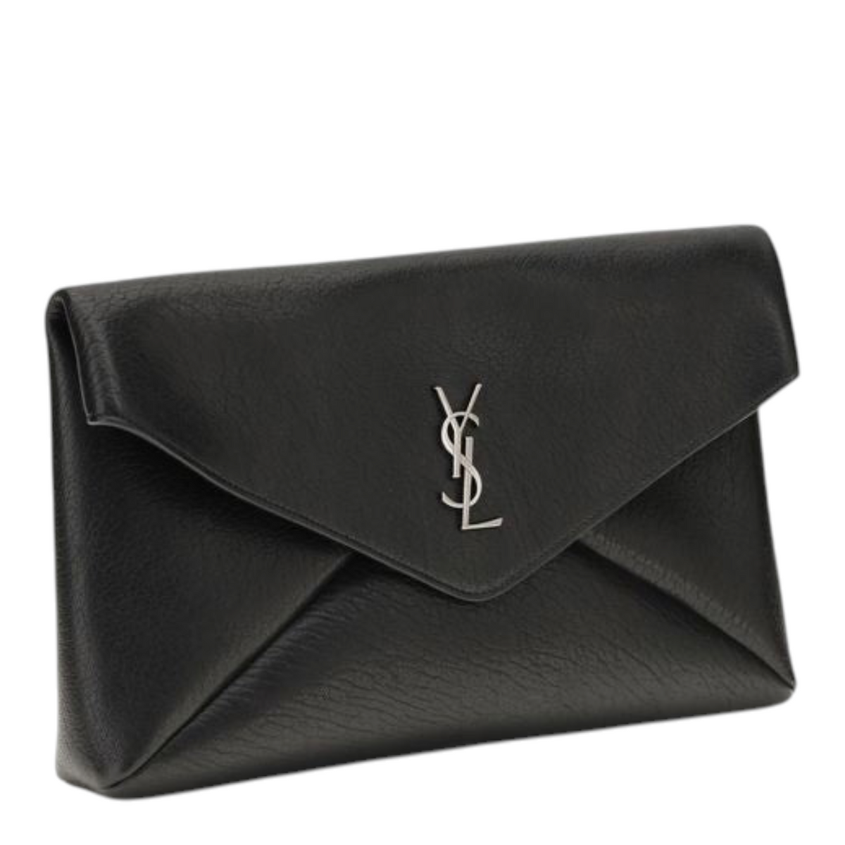 Bolso de mano XT & Co Cassandre grande tipo sobre en piel negra con logotipo plateado en la solapa frontal