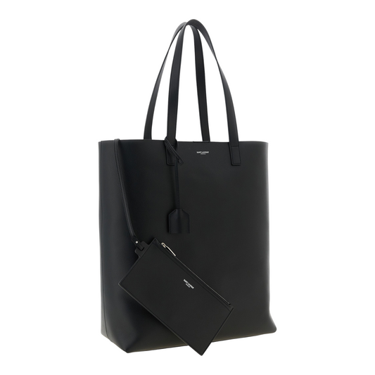 Bolso tote negro de piel de becerro XT & Co con asas dobles, logotipo frontal y llavero extraíble