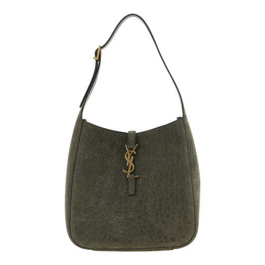 Bolso de hombro XT & Co Saint Laurent Le 5 à 7 en piel de cordero gris con logo Cassandre dorado y asa ajustable.