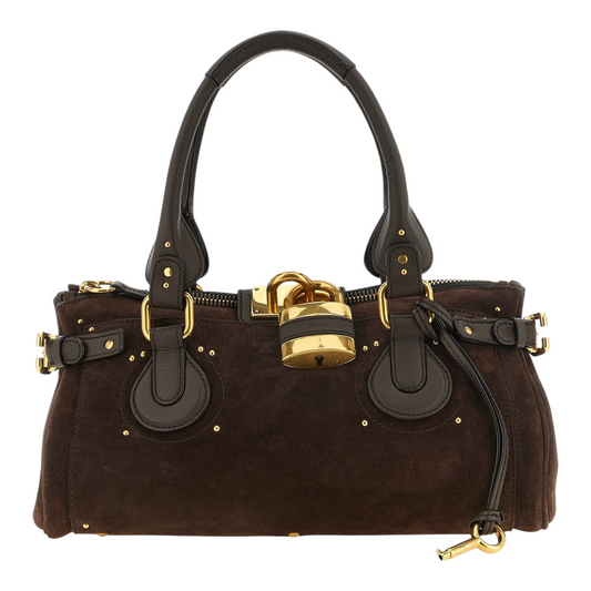 Bolso Chloé Paddington de XT & Co en ante marrón oscuro con candado dorado grande y asas de cuero liso