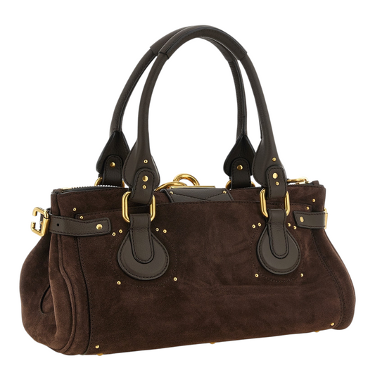 Bolso Chloé Paddington de XT & Co en ante marrón oscuro con asas de cuero, detalles dorados y candado icónico.