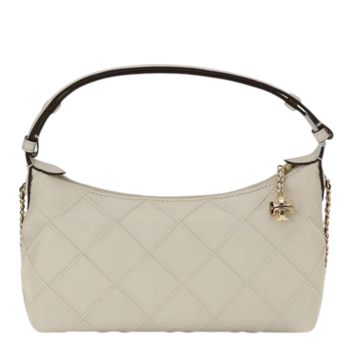 Bolso clutch Fleming de XT & Co en piel nappa beige con acolchado de rombos, asa ajustable y cadena dorada.