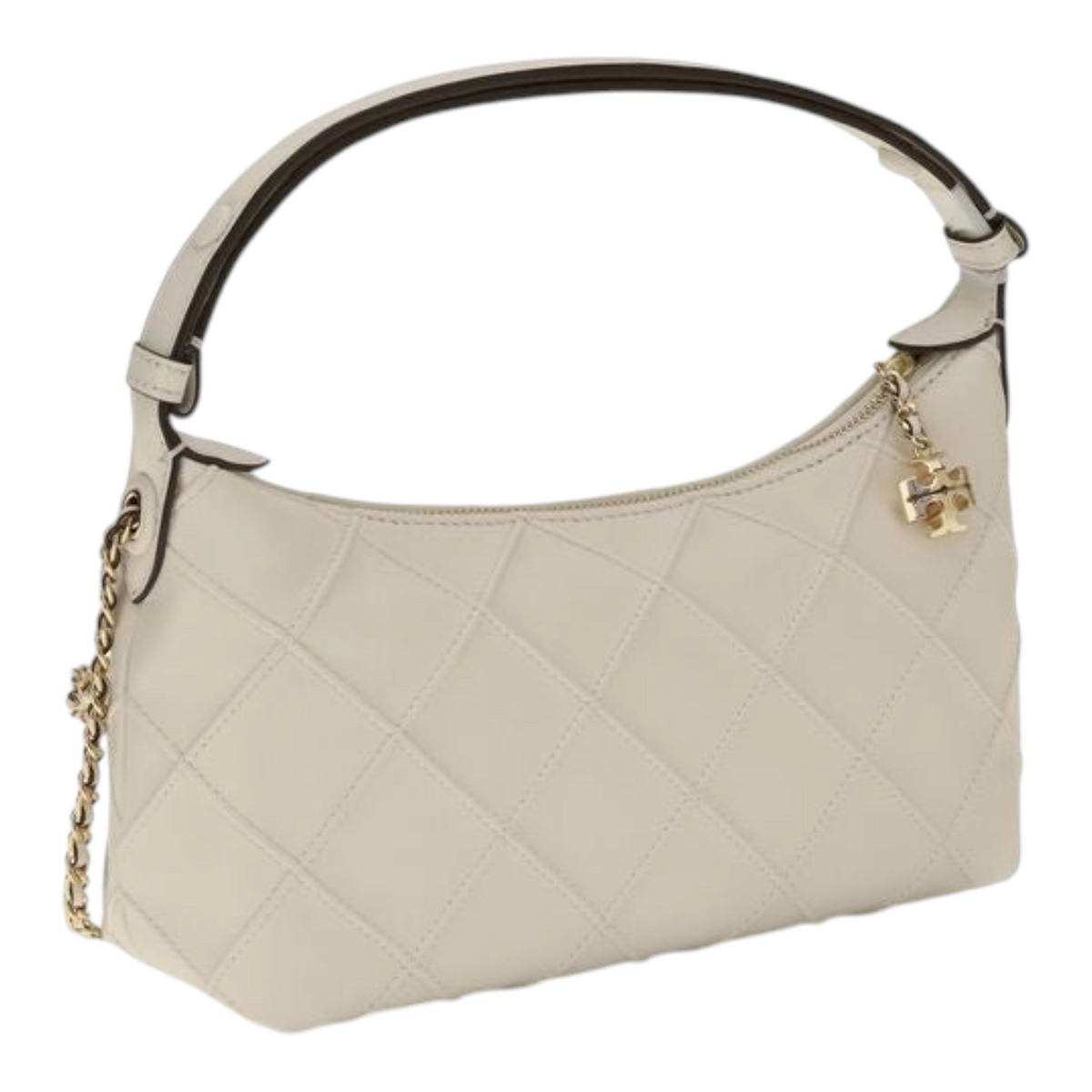 Bolso clutch Fleming de XT & Co en piel nappa beige con acolchado capitoné, asa ajustable y detalle de cadena dorada.
