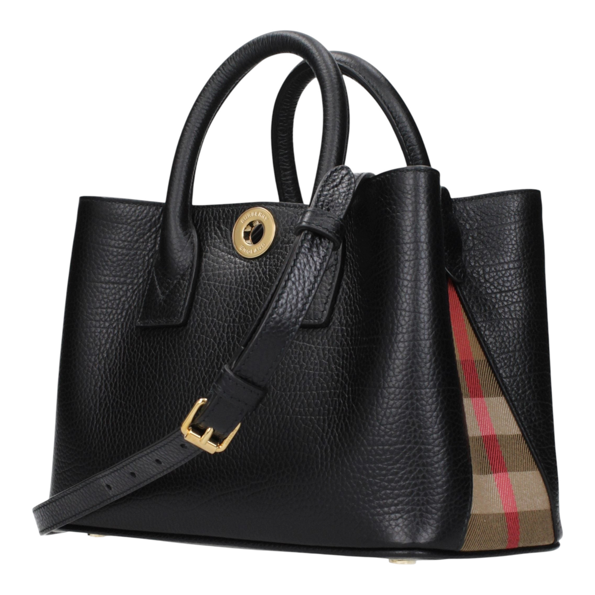 Bolso tote Bermondsey de XT & Co en piel granulada negra con herrajes dorados y detalle lateral de cuadros House Check.