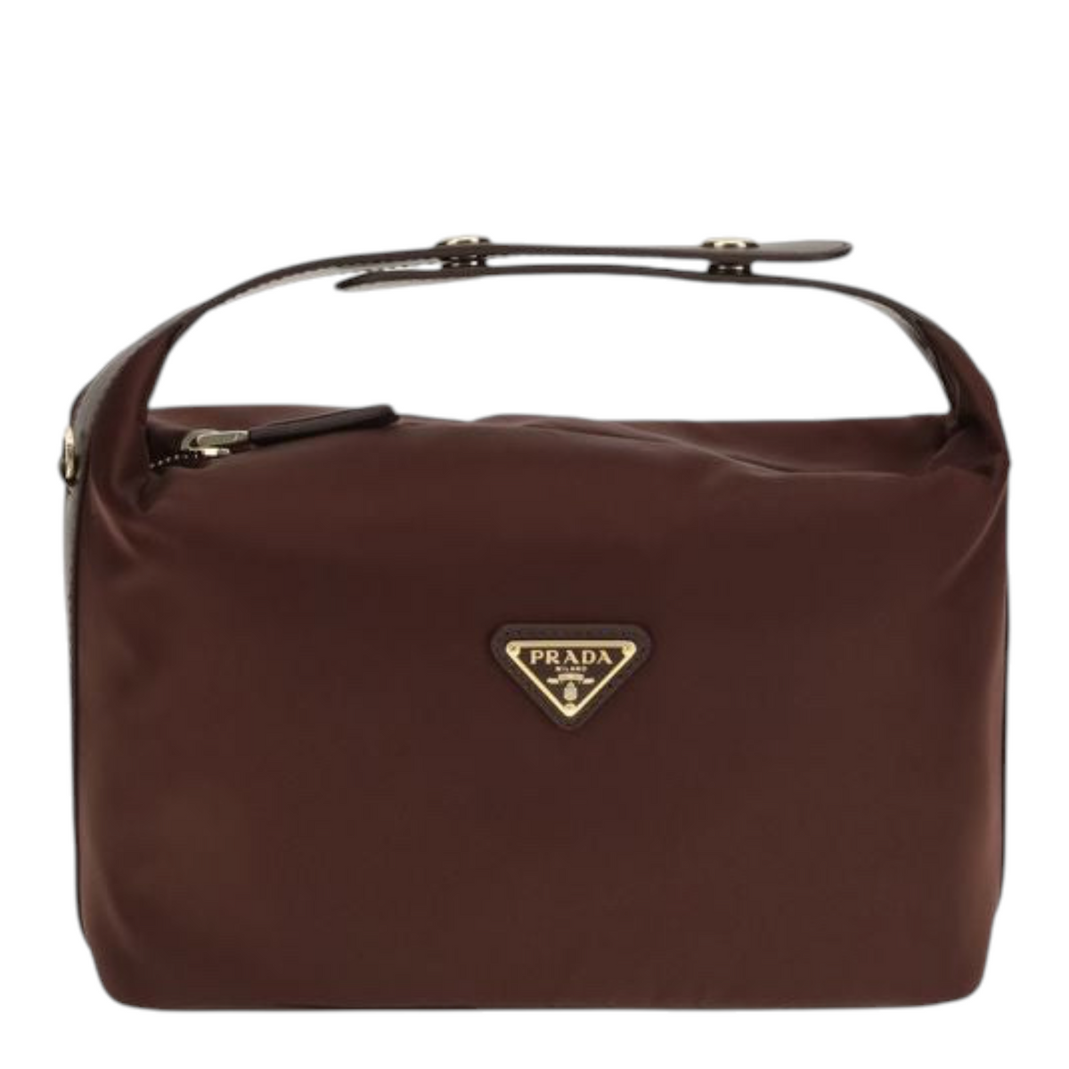 A Prada brown nylon cosmetic pouch with a top handle and a gold-tone triangular logo plaque on the front, set against a plain white background.