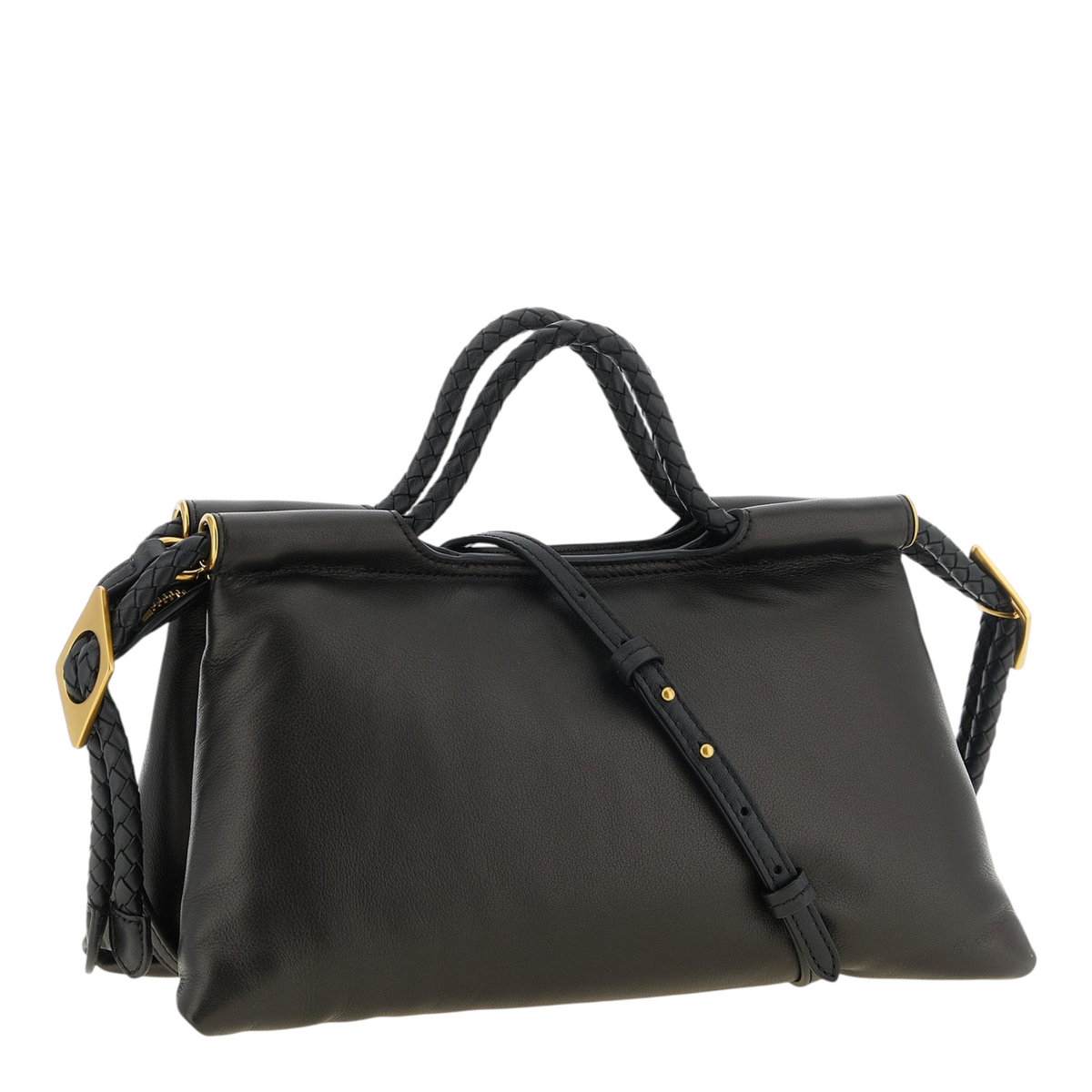 Bolso Pipa M de XT & Co en piel de cordero negra con asas trenzadas y detalles de latón hexagonal.