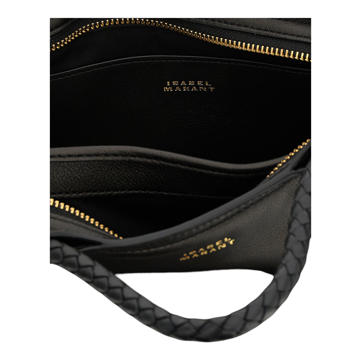 Interior del bolso XT & Co Pipa M de piel de cordero negra con compartimentos dobles y logo dorado grabado