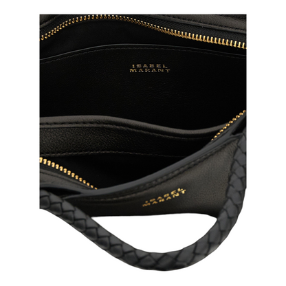 Interior del bolso XT & Co Pipa M de piel de cordero negra con compartimentos dobles y logo dorado grabado