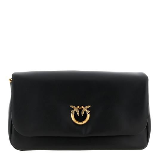 Bolso bandolera XT & Co Click Soft Classic en piel de cordero negra con logo Love Birds Diamond Cut envejecido