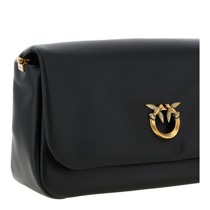 Bolso bandolera XT & Co Click Soft Classic en piel de cordero negra con logo Love Birds Diamond Cut dorado
