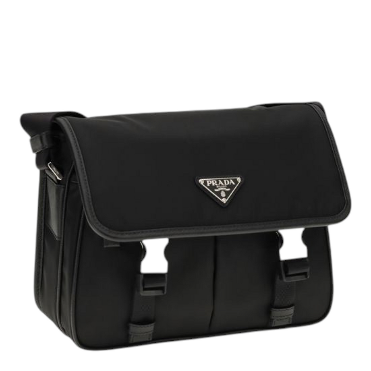 Bolso de hombro XT & Co Prada en nailon negro y piel Saffiano con logo triangular esmaltado y cierre de solapa.