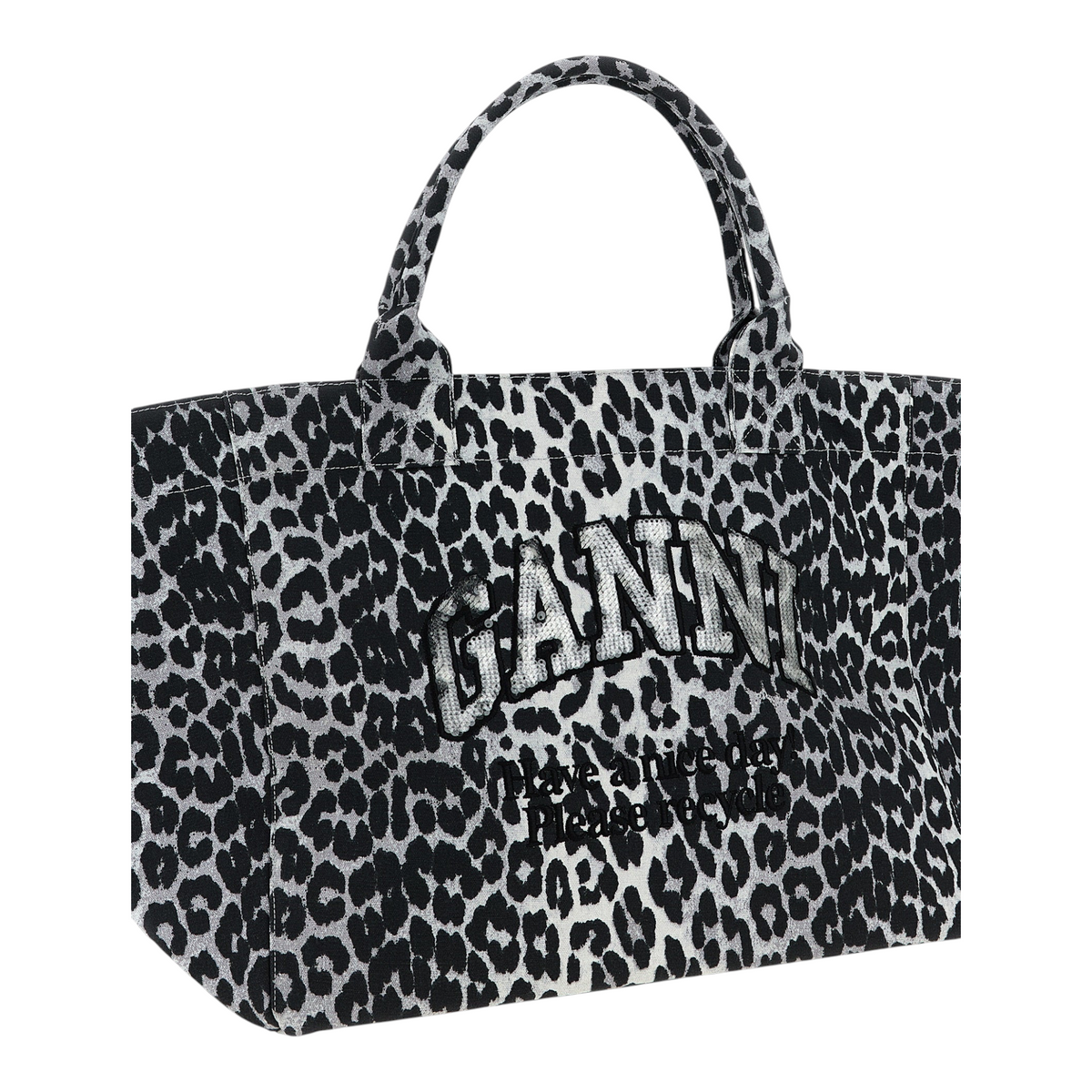 Bolso tote XT & Co de algodón reciclado gris con estampado de leopardo y lentejuelas bordadas en el frente