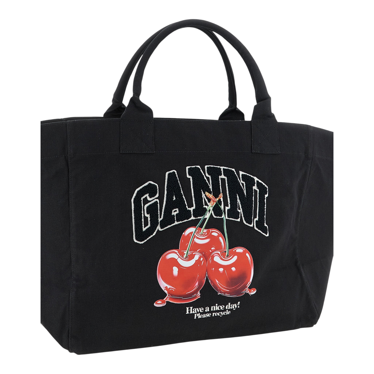Bolso tote XXL negro de lona de algodón reciclado XT & Co con estampado gráfico de cerezas y asas fijas