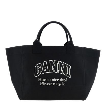 Bolso shopper XXL XT & Co de lona de algodón reciclado negro con logotipo Ganni blanco y mensaje de reciclaje