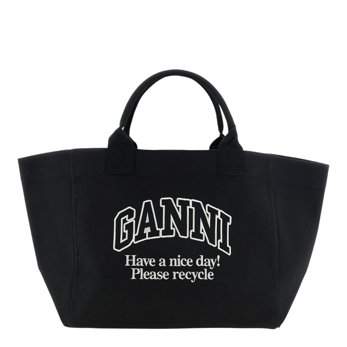 Bolso shopper XXL XT & Co de lona de algodón reciclado negro con logotipo Ganni blanco y mensaje de reciclaje