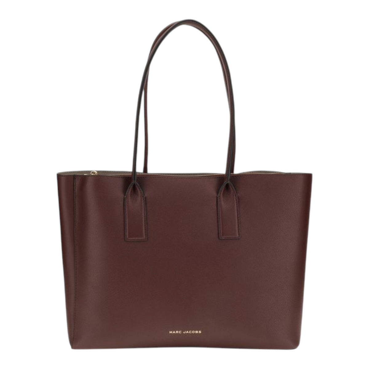 Bolso tote Marc Jacobs de piel de becerro marrón con asas largas y logo frontal, disponible en XT & Co.