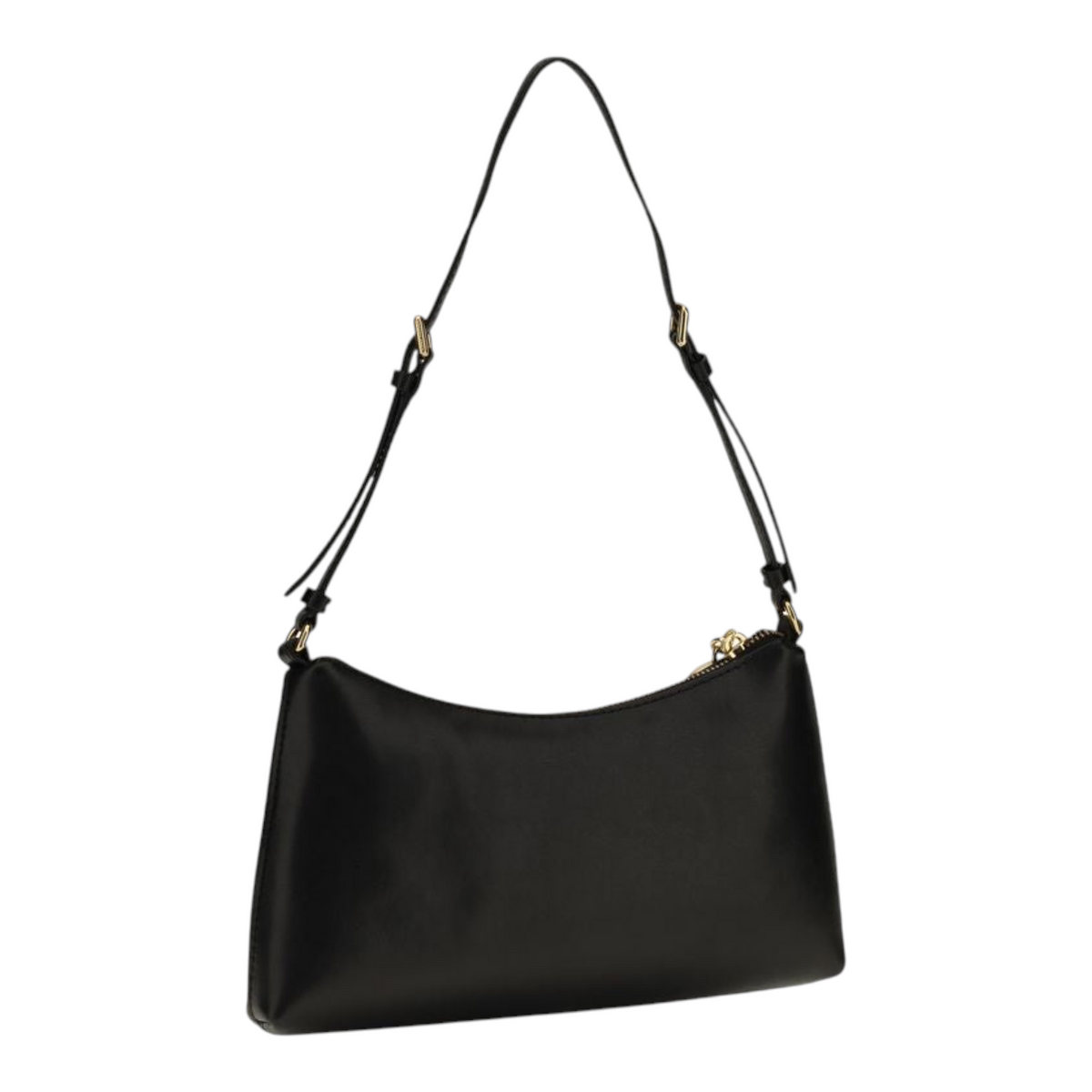 Bolso mini The Pouch de XT & Co en piel negra suave con cremallera superior y correas ajustables extraíbles.