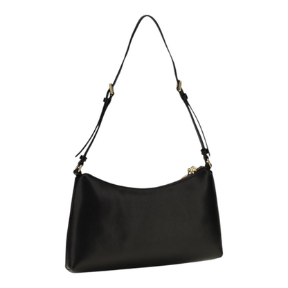 Bolso mini The Pouch de XT & Co en piel negra suave con cremallera superior y correas ajustables extraíbles.