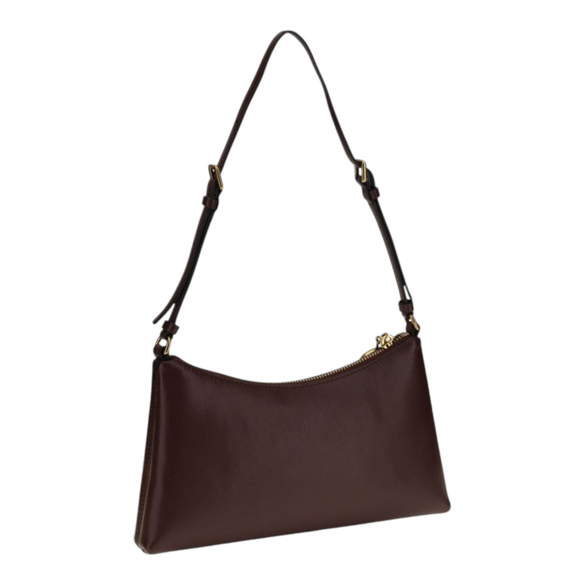 Bolso mini The Pouch de XT & Co en piel marrón lisa con cierre de cremallera y correa ajustable para el hombro.