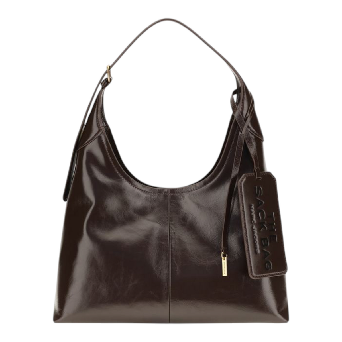 Bolso de hombro XT & Co The Belted Sack en piel marrón brillante con etiqueta de equipaje extragrande y correa ajustable