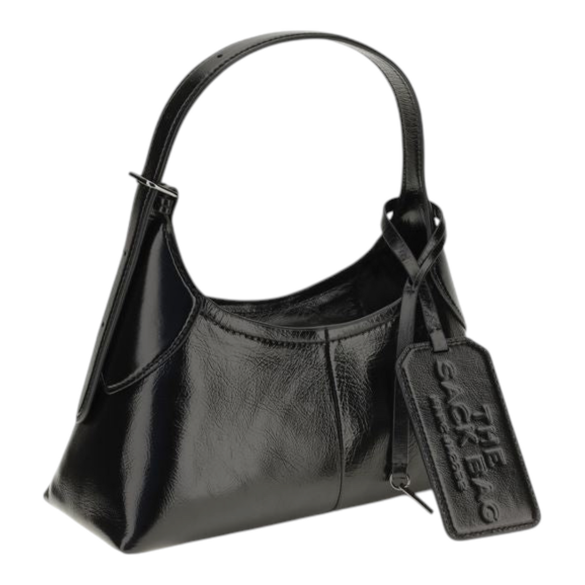 Bolso de hombro XT & Co Small Belted Sack en piel negra brillante con etiqueta de equipaje y correa ajustable