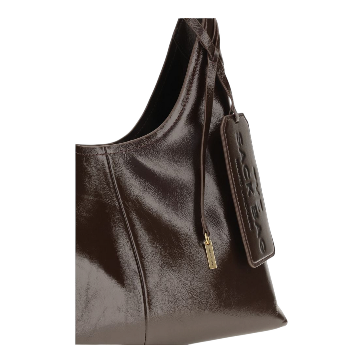Bolso saco XT & Co marrón de piel arrugada brillante con correa ajustable y etiqueta de equipaje grande