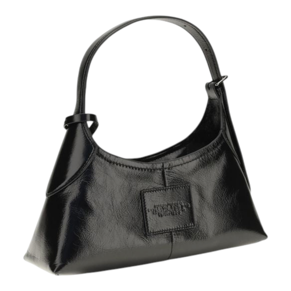 Bolso de hombro XT & Co Small Belted Sack en piel negra brillante con correa ajustable y diseño estructurado