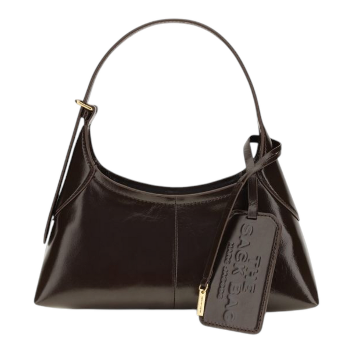 Bolso saco pequeño XT & Co en piel marrón brillante con correa ajustable y etiqueta de equipaje con tarjetero