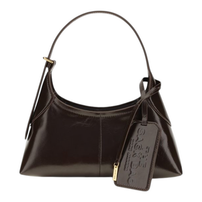 Bolso saco pequeño XT & Co en piel marrón brillante con correa ajustable y etiqueta de equipaje con tarjetero