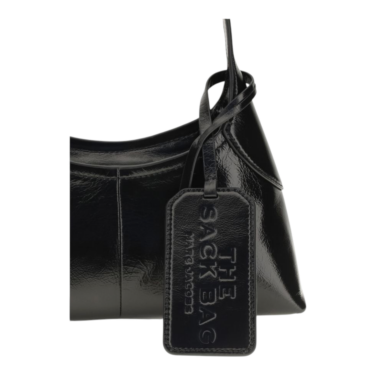 Bolso saco pequeño XT & Co de piel negra brillante con etiqueta de equipaje y tarjetero integrado