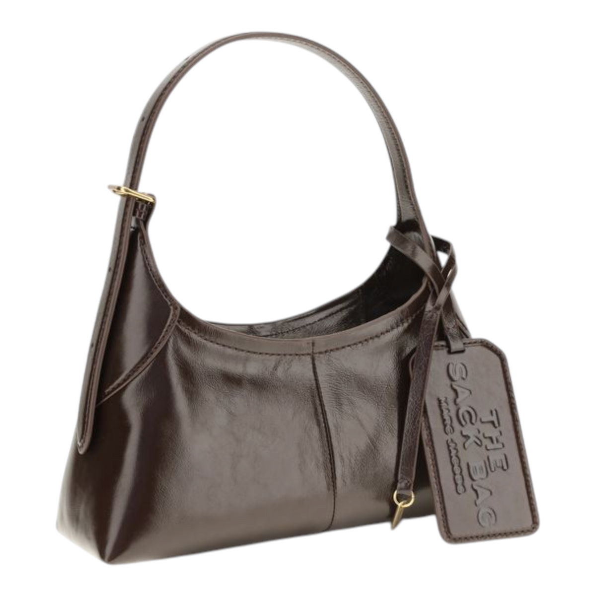 Bolso de hombro XT & Co The Small Belted Sack en piel marrón brillante con etiqueta de equipaje y correa ajustable