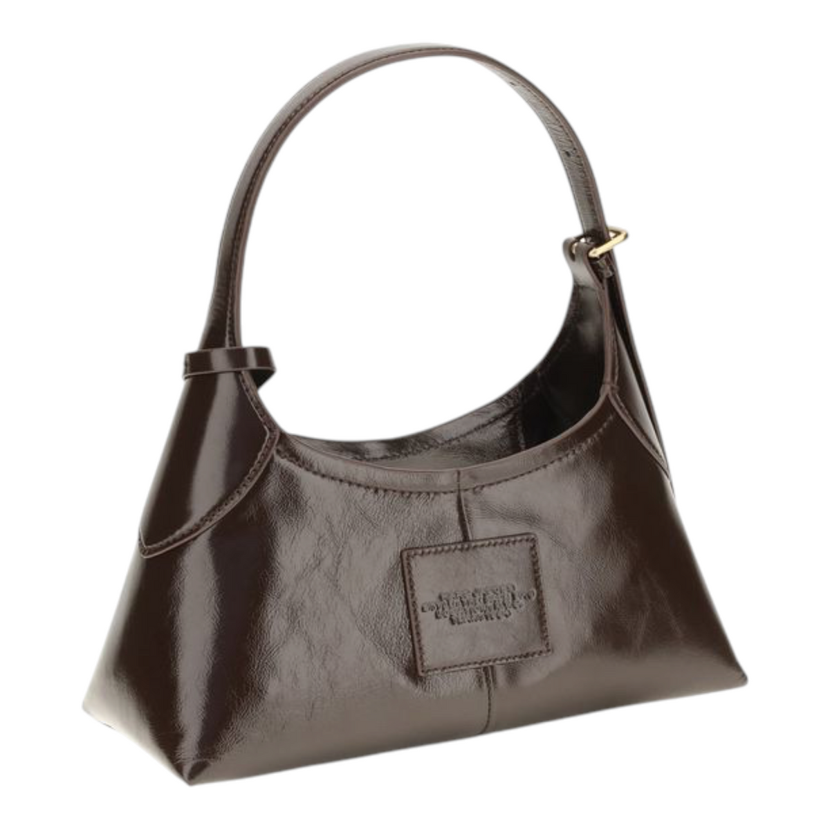 Bolso de hombro XT & Co Small Belted Sack en piel marrón brillante con correa ajustable y diseño estructurado.
