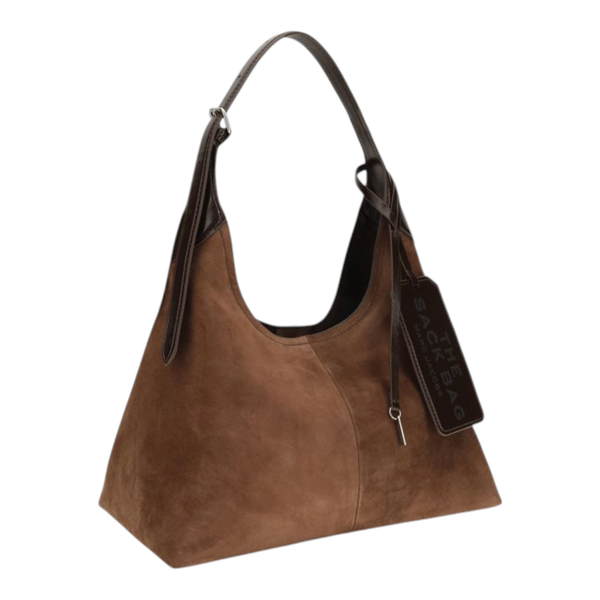Bolso saco XT & Co de ante marrón con correa ajustable, detalles de cuero y etiqueta de equipaje grande.