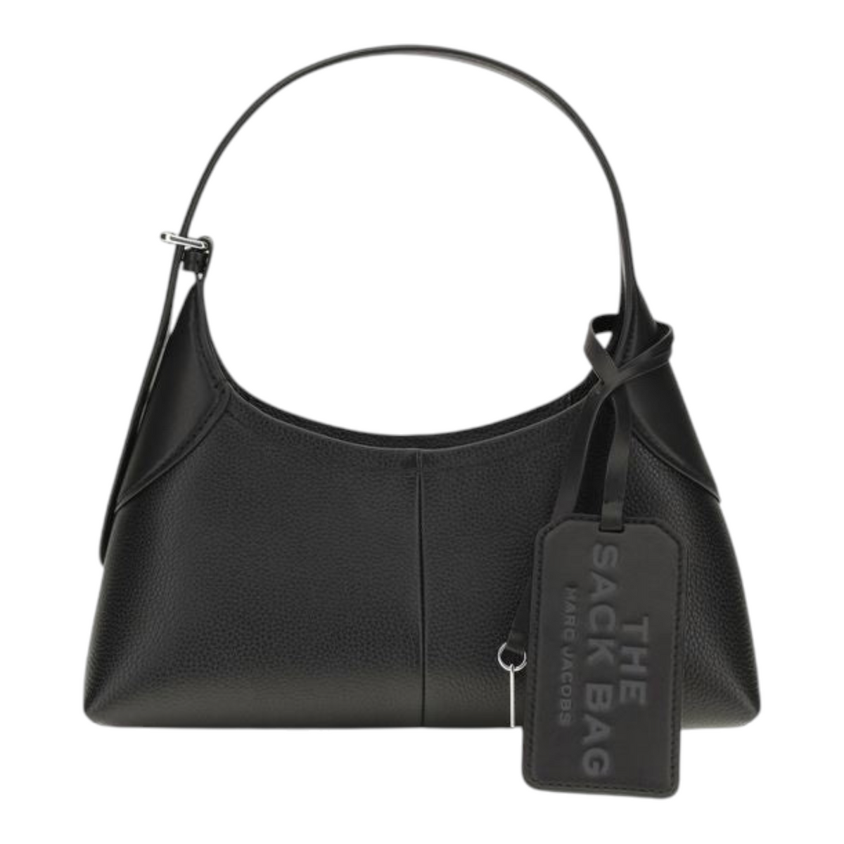 Bolso saco pequeño XT & Co de piel negra granulada con correa ajustable y etiqueta de equipaje con tarjetero