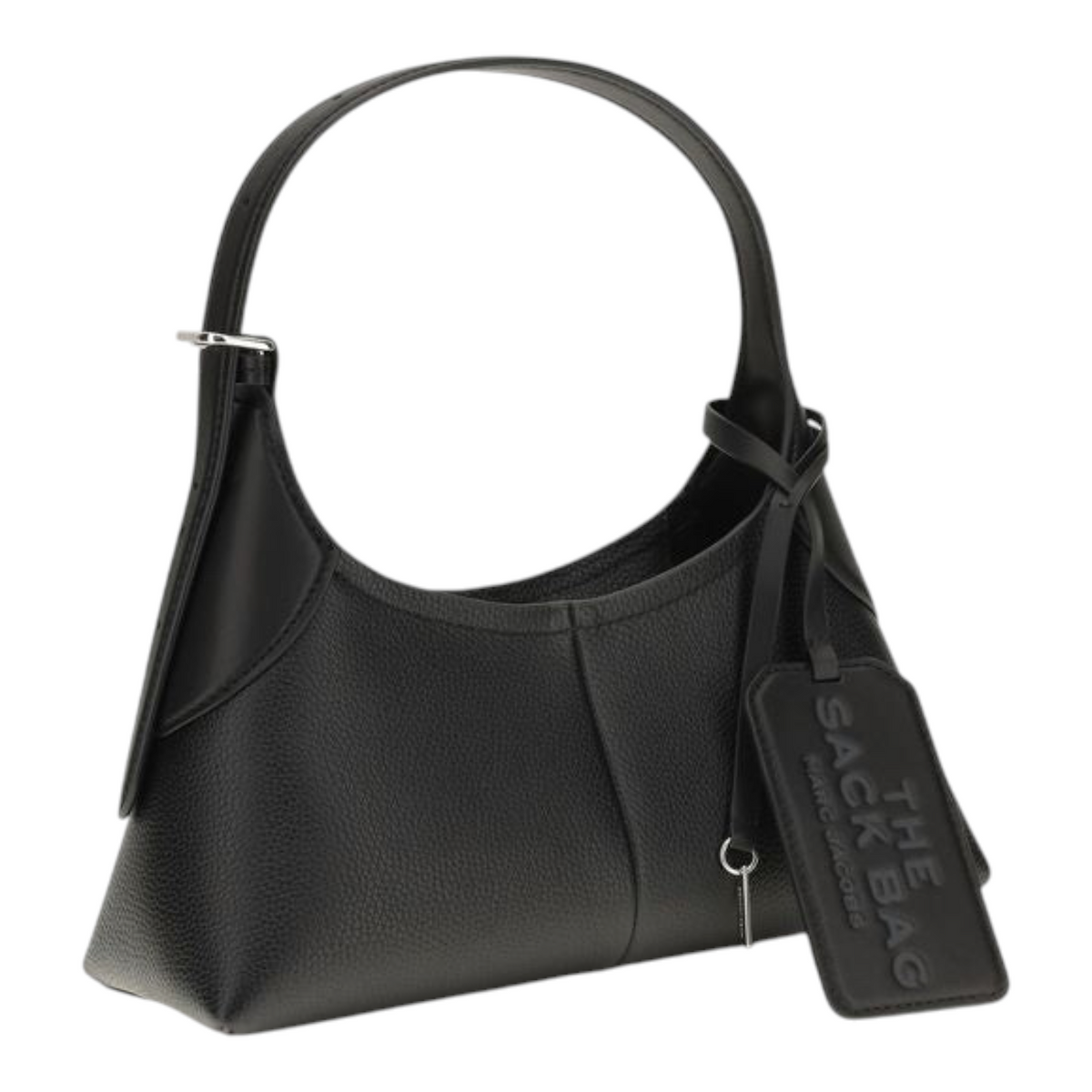 Bolso de hombro XT & Co The Small Belted Sack en piel negra granulada con etiqueta de equipaje y correa ajustable